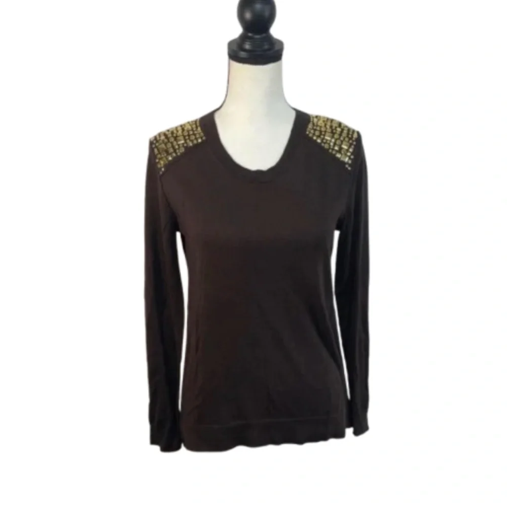 Michael Kors Chocolate Long Sleeve Top with Gold Details